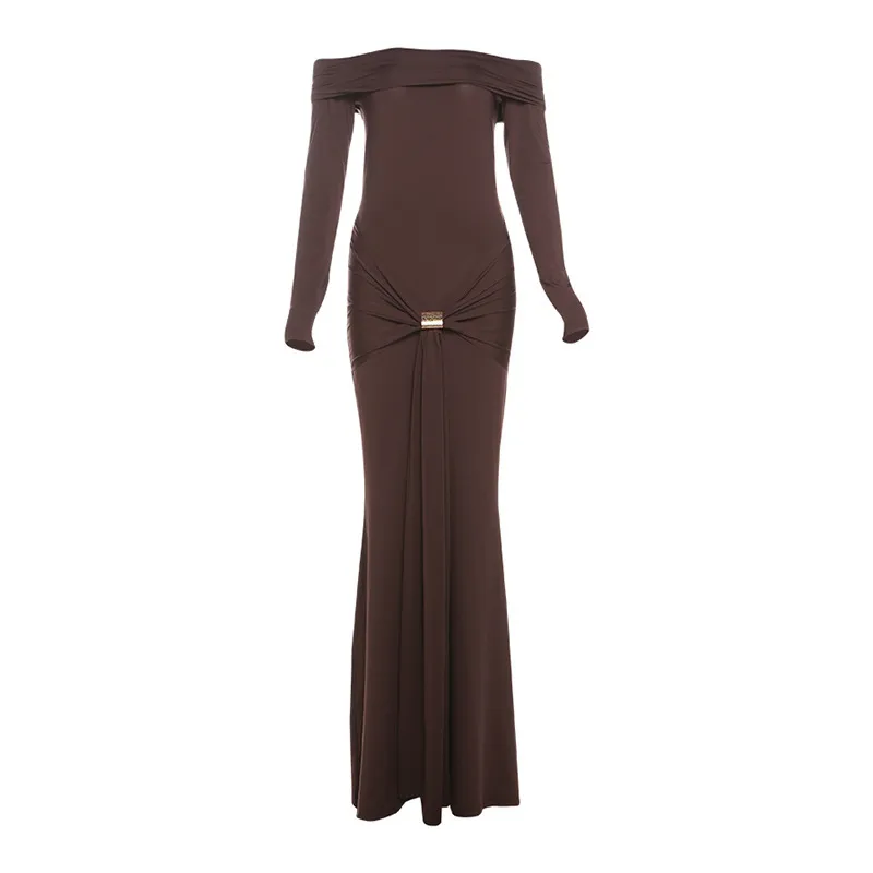 Women Elegant Off-Shoulder Solid Color Long Sleeve Bodycon Maxi Dress - Image 6
