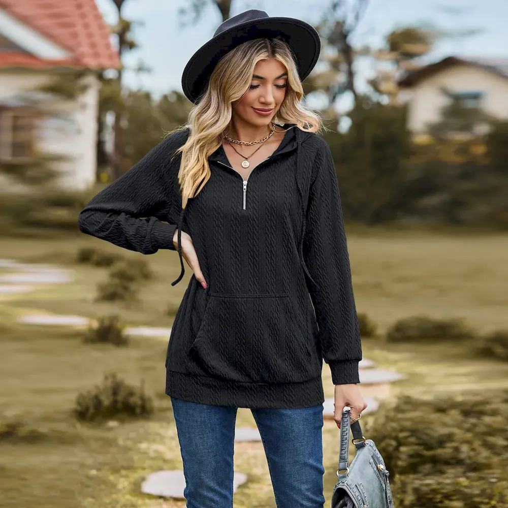 Women Fashion Autumn And Winter Solid Color Hooded Zipper Loose Long Sleeve Sweat