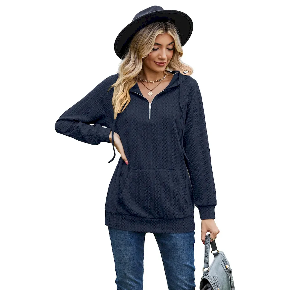 Women Fashion Autumn And Winter Solid Color Hooded Zipper Loose Long Sleeve Sweat - Image 3