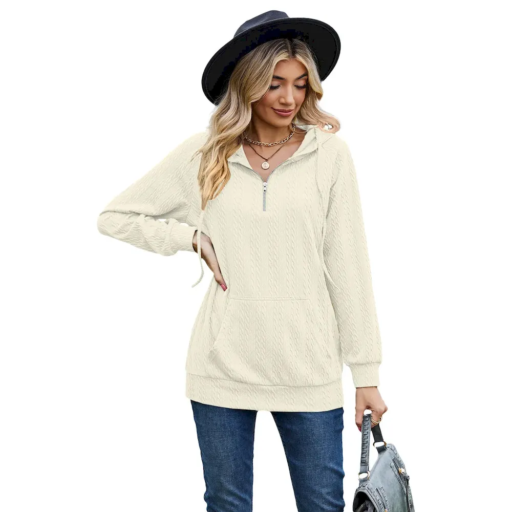 Women Fashion Autumn And Winter Solid Color Hooded Zipper Loose Long Sleeve Sweat - Image 4