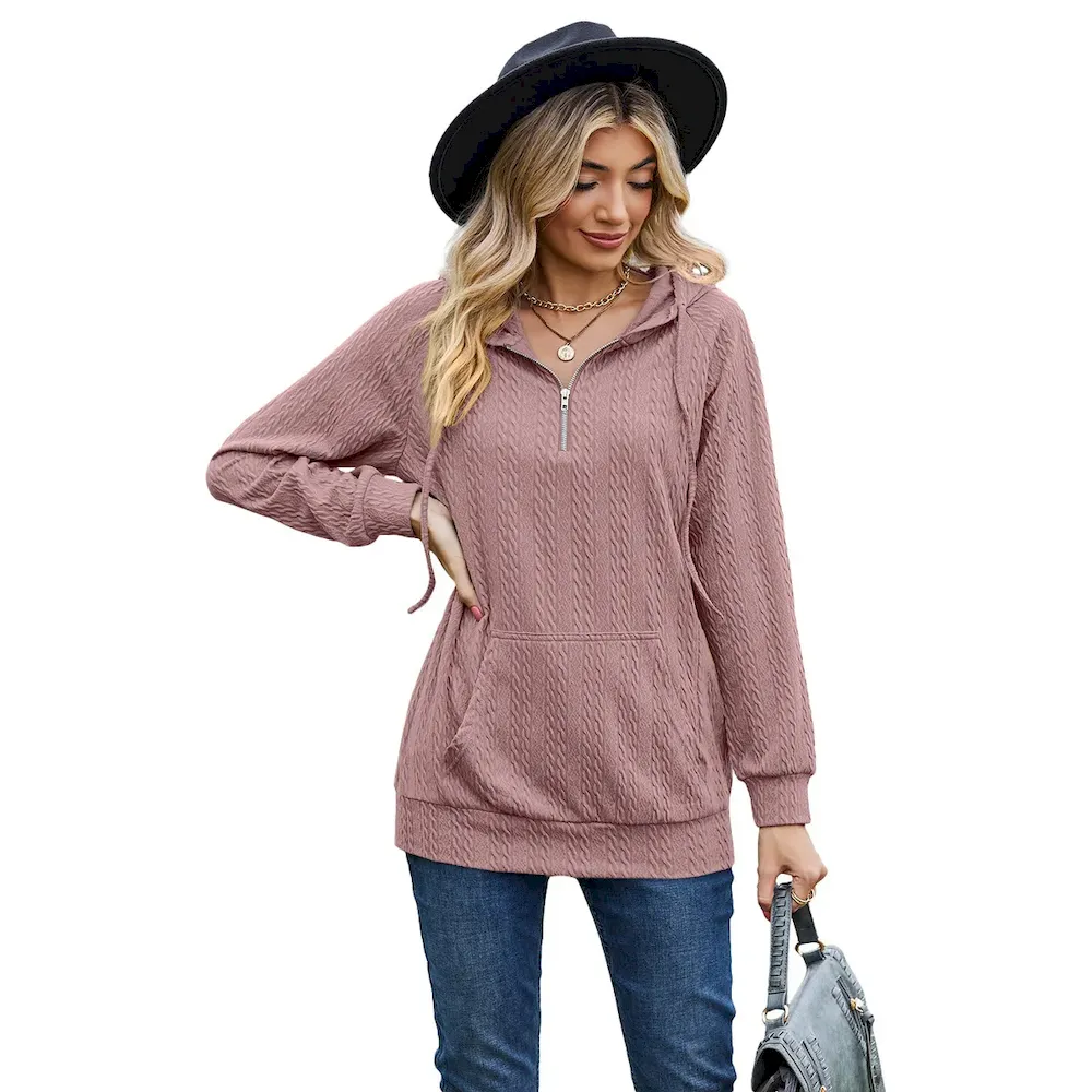 Women Fashion Autumn And Winter Solid Color Hooded Zipper Loose Long Sleeve Sweat - Image 5