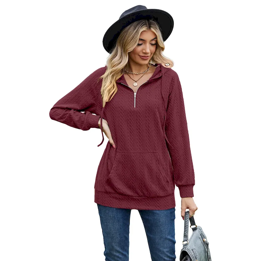 Women Fashion Autumn And Winter Solid Color Hooded Zipper Loose Long Sleeve Sweat - Image 6