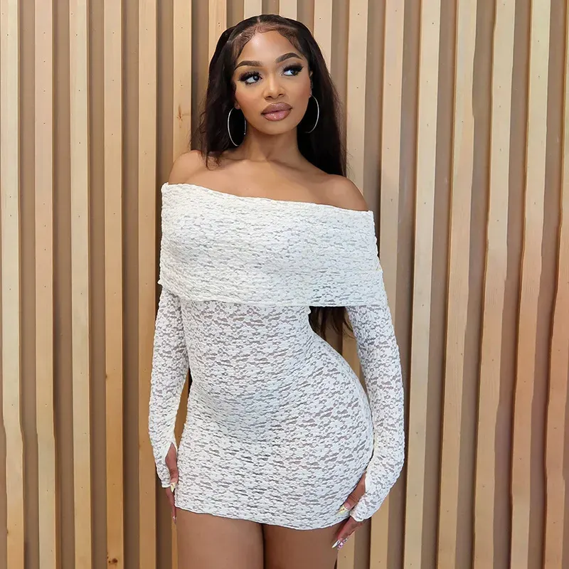 Women Sexy Lace Off Shoulder Hollow Long Sleeve Dress