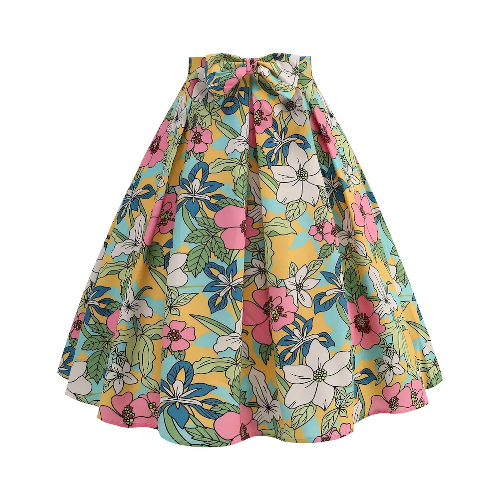 Women Fashion Floral Printed Lace-Up Bowknot Tight A- Line Skirt