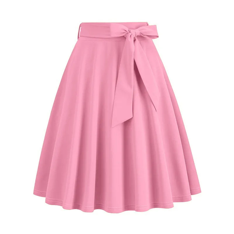 Women Fashion Elegant Solid Color Lace-Up Bowknot A- Line Skirt