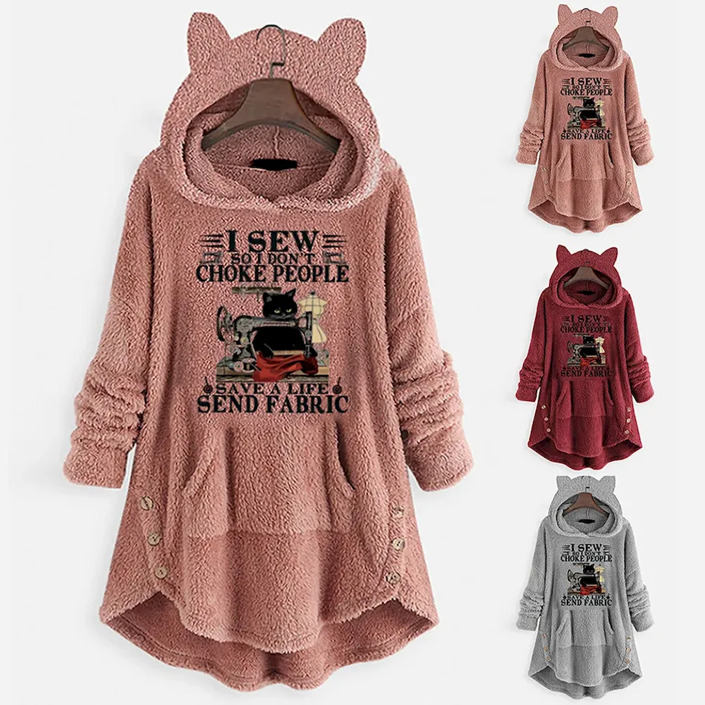 Women Casual Printed Plush Pullover Cat Ear Long Sleeve Hoodies