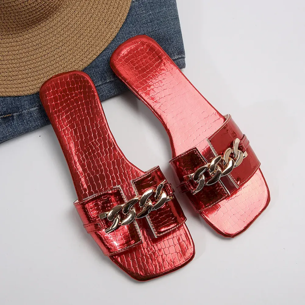 Women Casual Solid Color Chain Square Toe Flat Slippers
