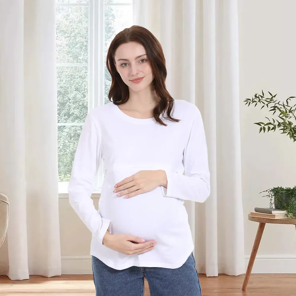 Women Casual Cotton Long-Sleeve Zipper Breastfeeding Pregnant Women T-Shirt