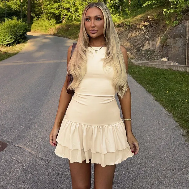 Summer Women Fashion Solid Color Round Neck Sleeveless Slim Mini Dress - Image 4