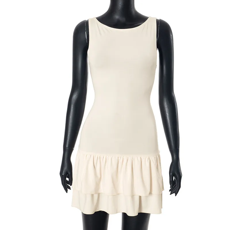 Summer Women Fashion Solid Color Round Neck Sleeveless Slim Mini Dress - Image 5