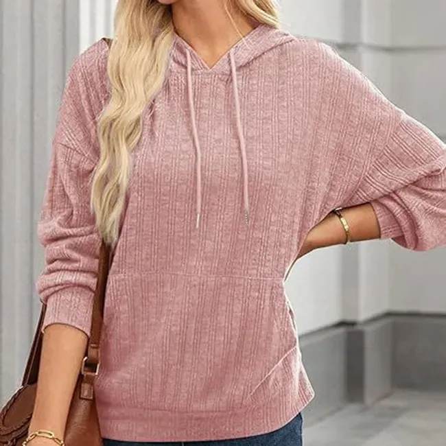 Women Autumn And Winter Casual Rib-Knit Pocket Loose Long Sleeve Hoodie