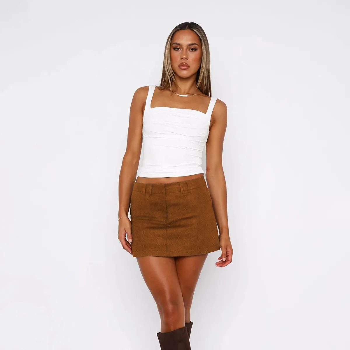 Women Fashion Casual Solid Color High Waist Pocket Slim A- Line Skirt