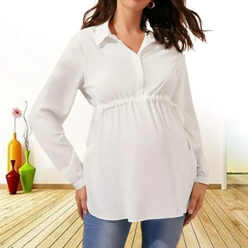 Pregnant Women Fashion Casual Solid Color V-Neck Long Sleeve Top - Image 3