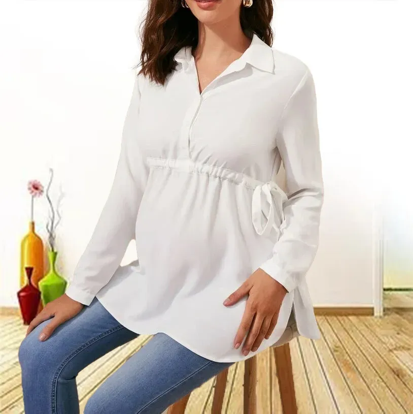 Pregnant Women Fashion Casual Solid Color V-Neck Long Sleeve Top - Image 4