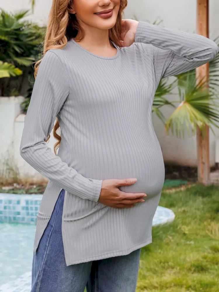 Pregnant Women Casual Solid Color Round Neck Long Sleeve Split T-Shirt - Image 4