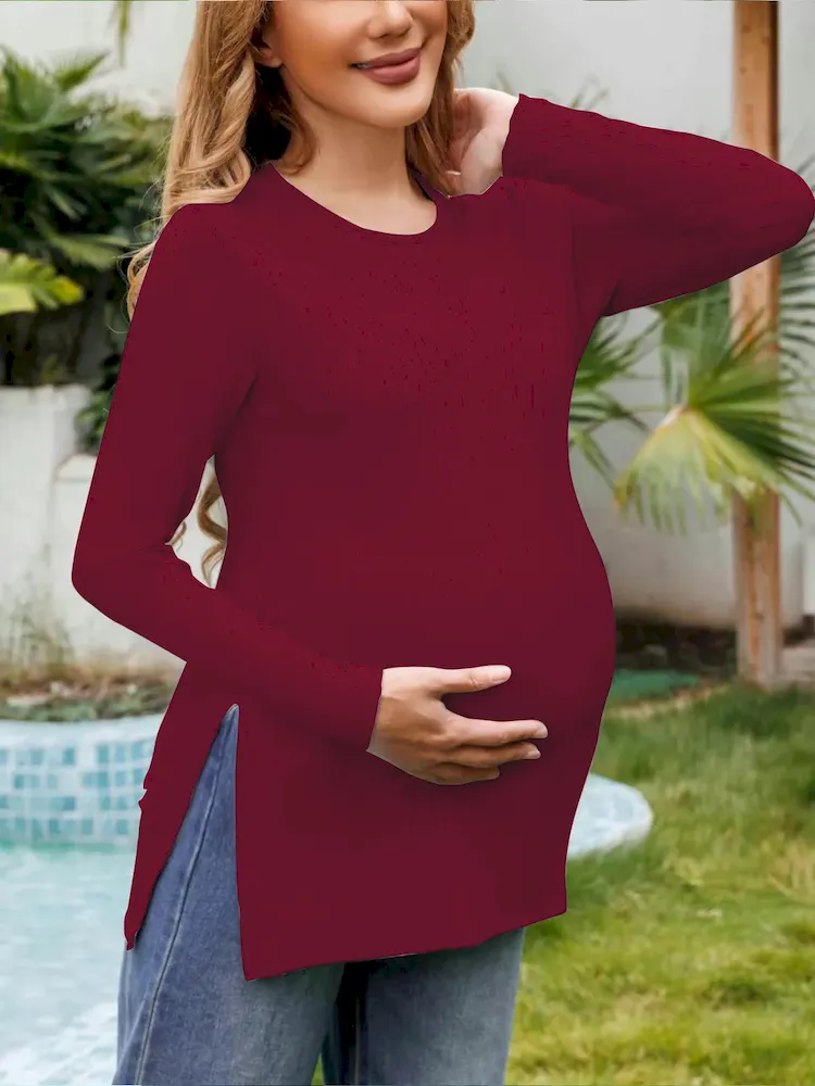 Pregnant Women Casual Solid Color Round Neck Long Sleeve Split T-Shirt - Image 6