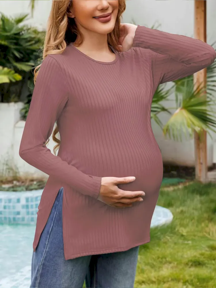 Pregnant Women Casual Solid Color Round Neck Long Sleeve Split T-Shirt - Image 7