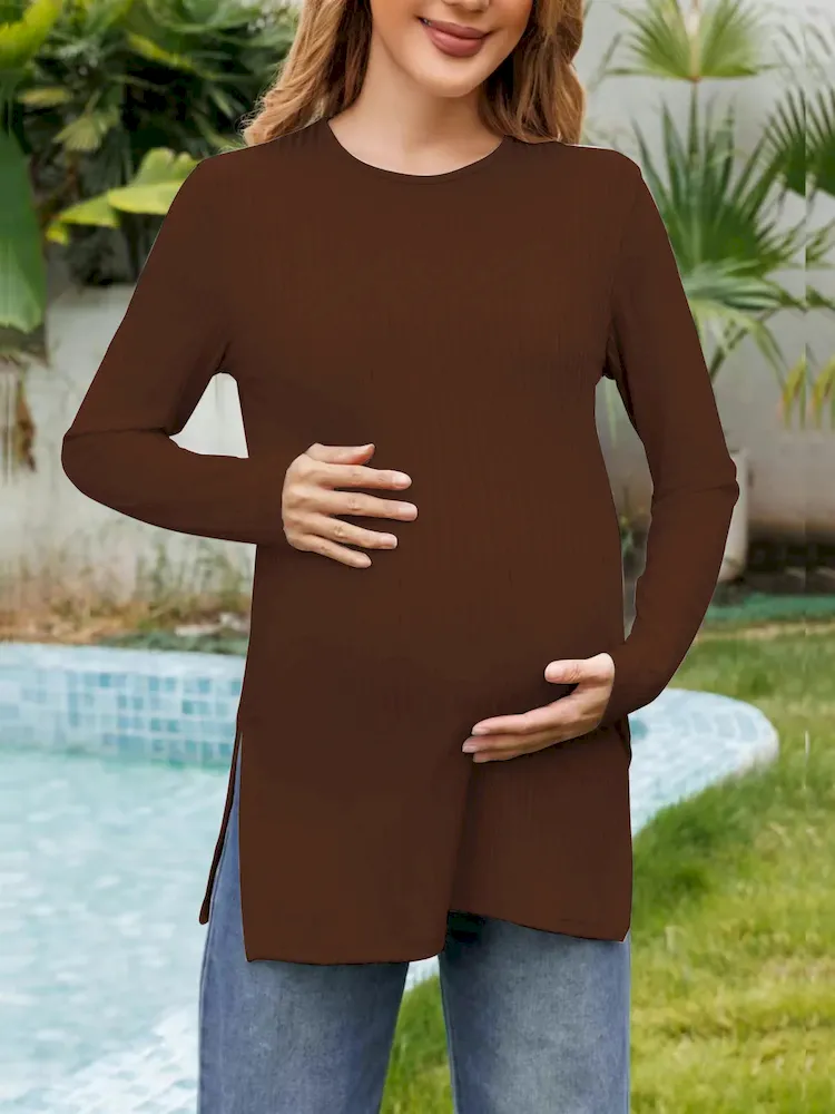 Pregnant Women Casual Solid Color Round Neck Long Sleeve Split T-Shirt - Image 10