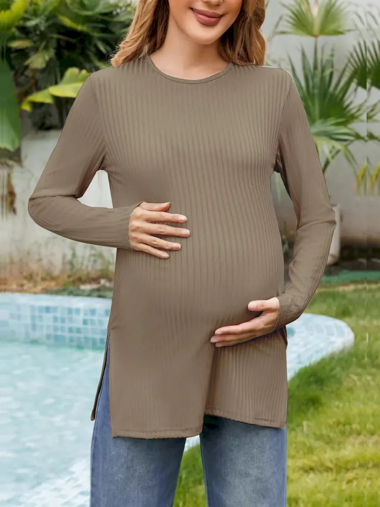 Pregnant Women Casual Solid Color Round Neck Long Sleeve Split T-Shirt - Image 11