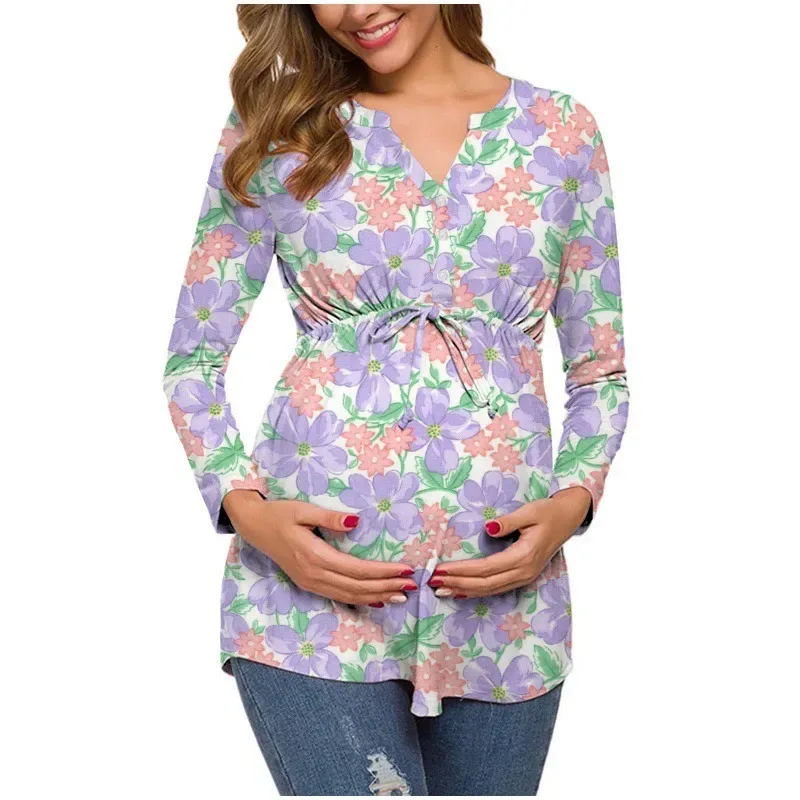 Pregnant Women Floral Printed V-Neck Long Sleeve Lace-Up Breastfeeding Top - Image 3