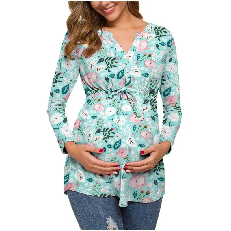 Pregnant Women Floral Printed V-Neck Long Sleeve Lace-Up Breastfeeding Top - Image 4