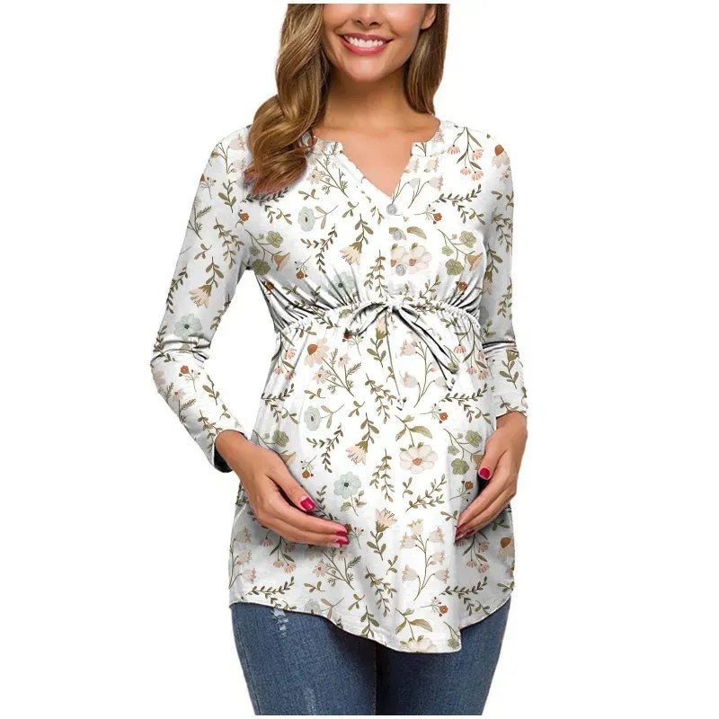 Pregnant Women Floral Printed V-Neck Long Sleeve Lace-Up Breastfeeding Top - Image 5