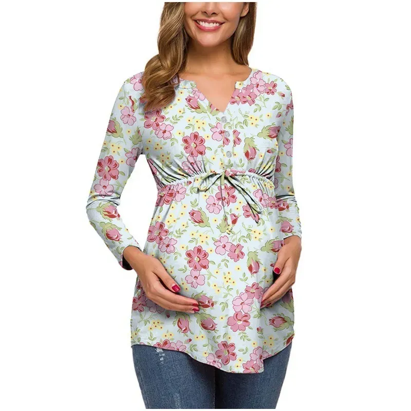 Pregnant Women Floral Printed V-Neck Long Sleeve Lace-Up Breastfeeding Top - Image 6