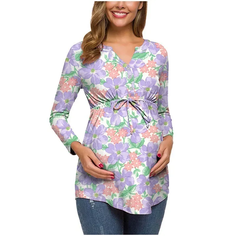 Pregnant Women Floral Printed V-Neck Long Sleeve Lace-Up Breastfeeding Top - Image 7