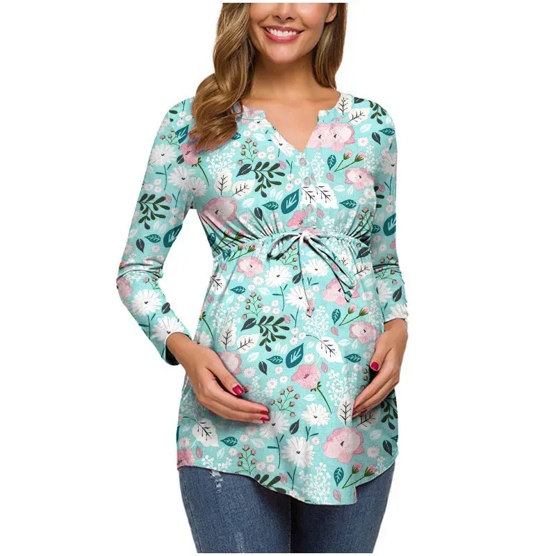 Pregnant Women Floral Printed V-Neck Long Sleeve Lace-Up Breastfeeding Top - Image 8