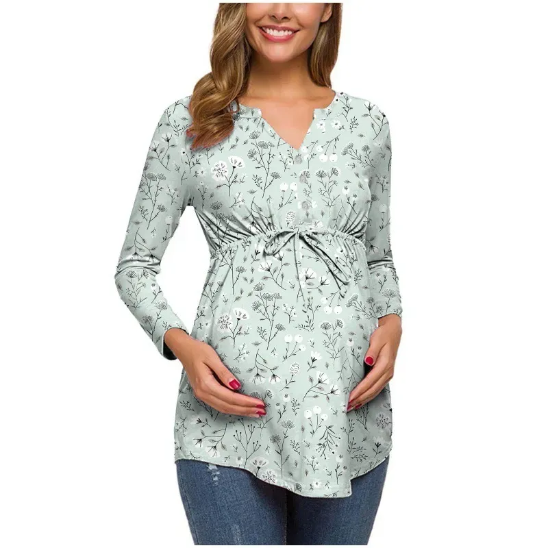 Pregnant Women Floral Printed V-Neck Long Sleeve Lace-Up Breastfeeding Top - Image 9