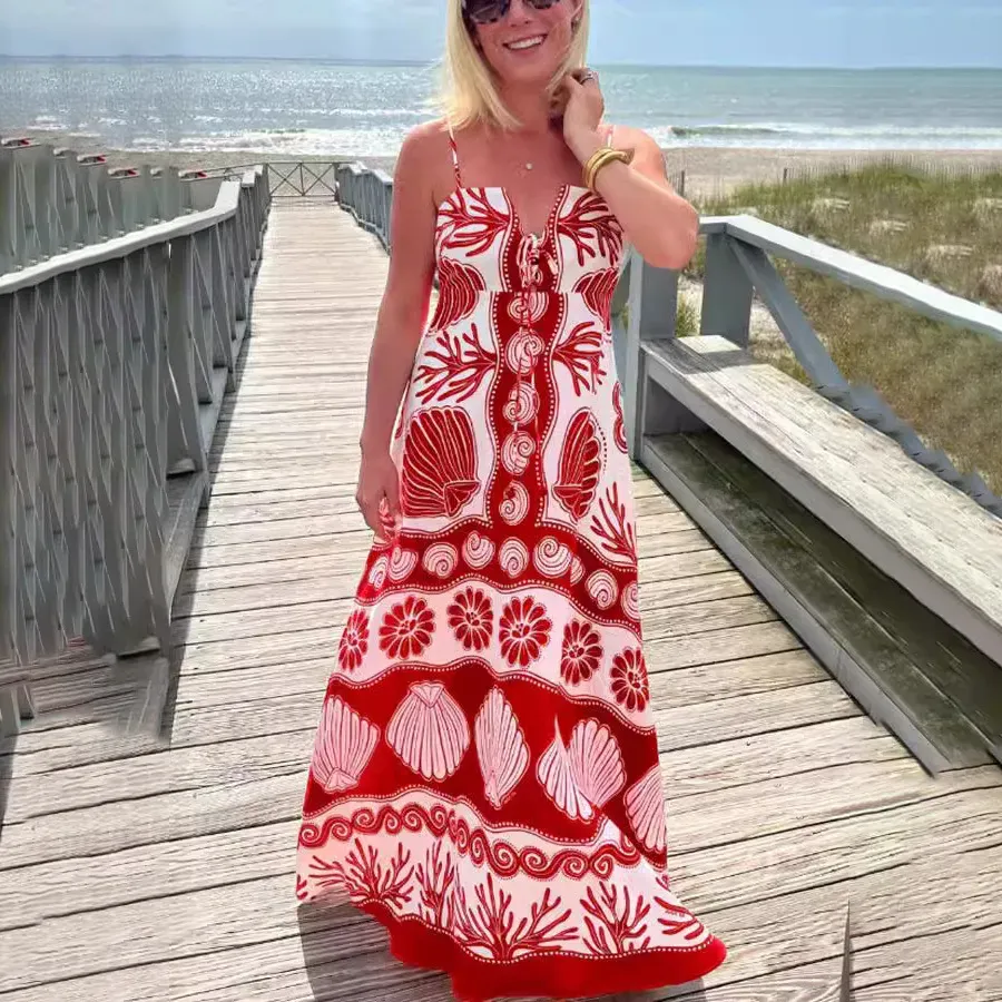 Women Fashion Casual Vacation Floral Printed Lace-Up Camisole Dress