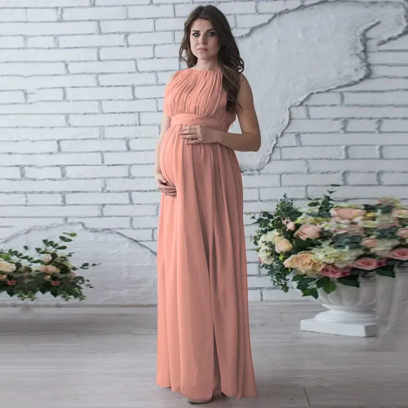 Pregnant Women Casual Solid Color Round Neck Stitching Sleeveless Pleated Dress