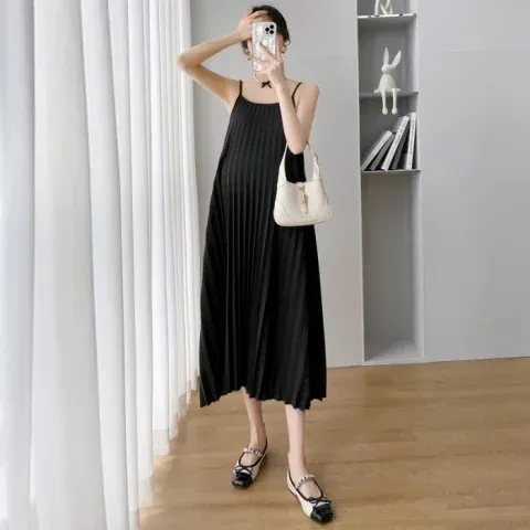 Pregnant Women Casual Loose Solid Color Pleated Camisole Dress - Image 3