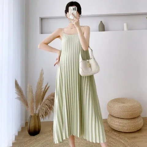 Pregnant Women Casual Loose Solid Color Pleated Camisole Dress - Image 5