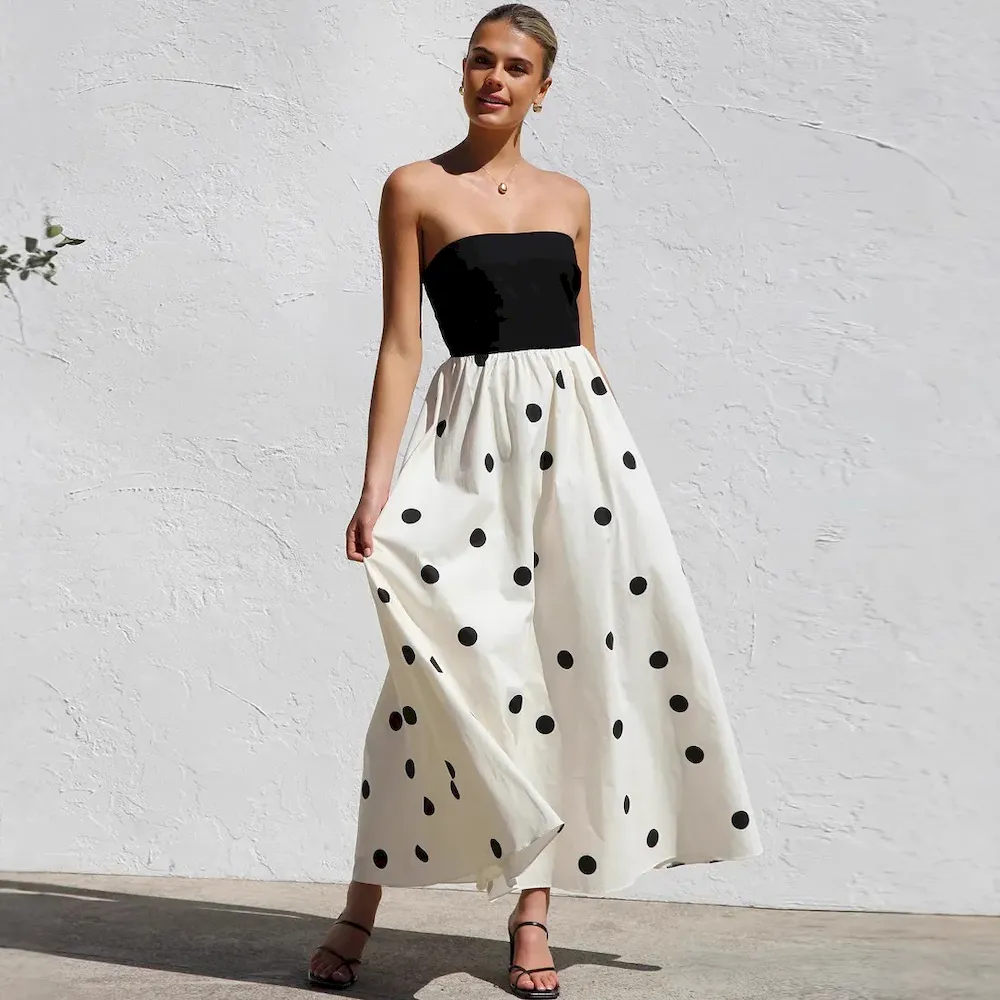 Women Fashion Wave Dot Printing Stitching Tube Top Temperament Maxi Dress