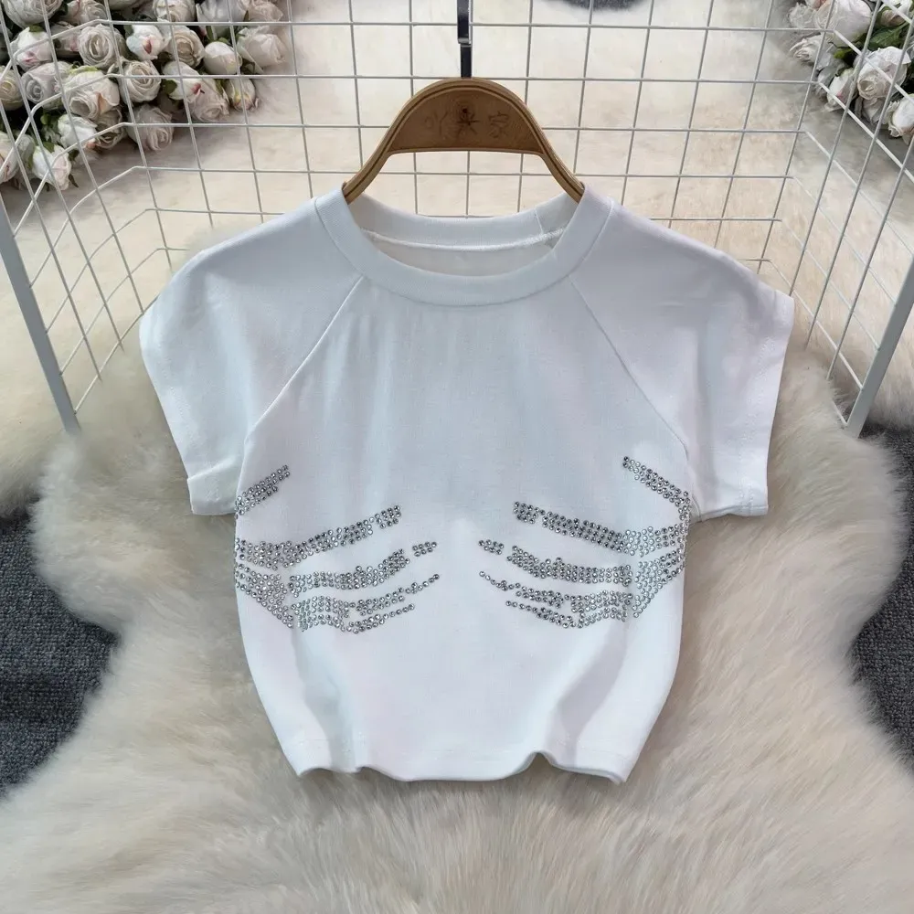 Women Fashion Sexy Magic Claw Rhinestone Printed Short-Sleeve T-Shirt