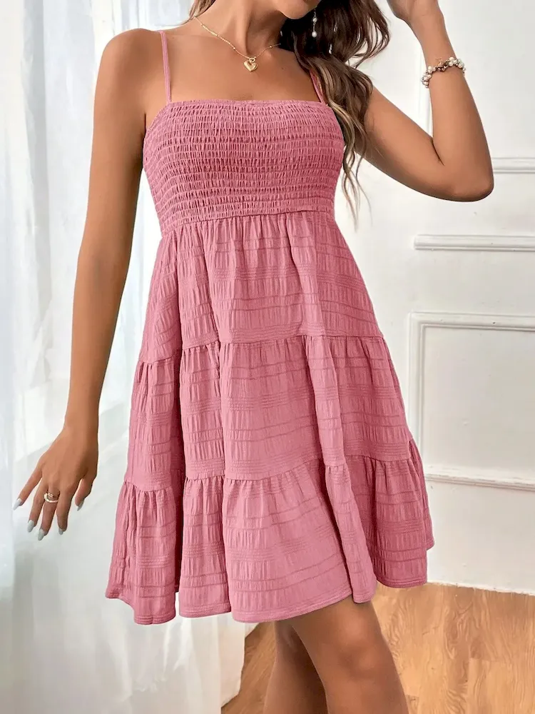 Women Fashion Casual Solid Color Pleated Spaghetti Strap Dress - Image 5