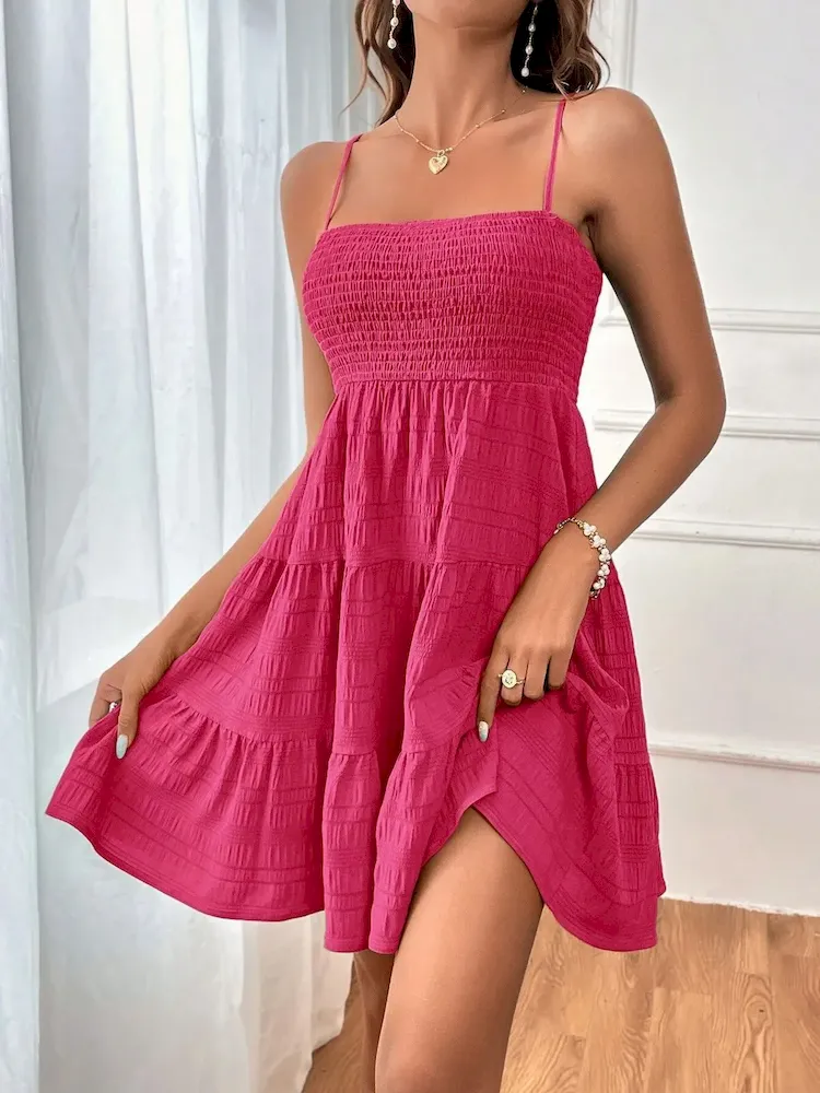 Women Fashion Casual Solid Color Pleated Spaghetti Strap Dress - Image 8