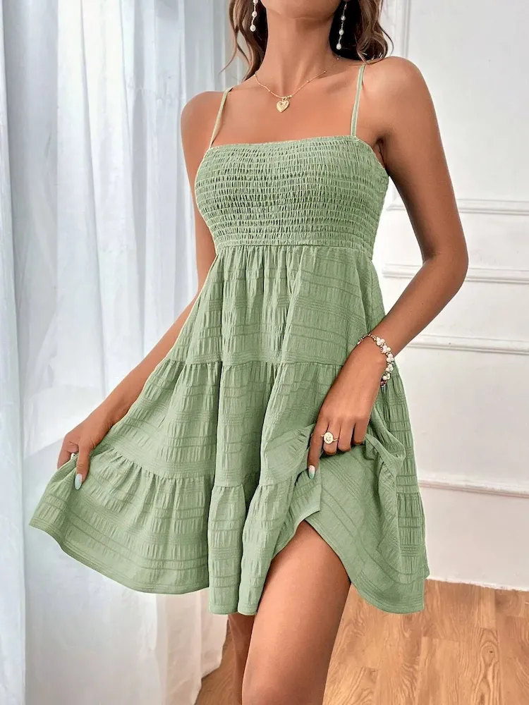 Women Fashion Casual Solid Color Pleated Spaghetti Strap Dress - Image 9