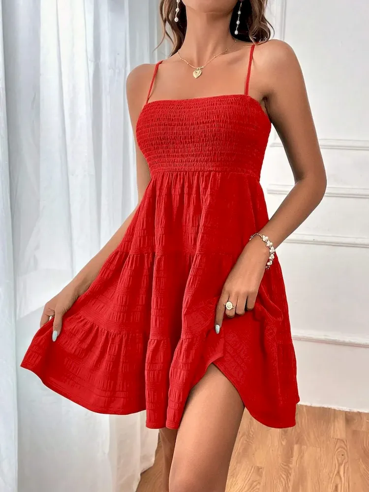 Women Fashion Casual Solid Color Pleated Spaghetti Strap Dress - Image 11