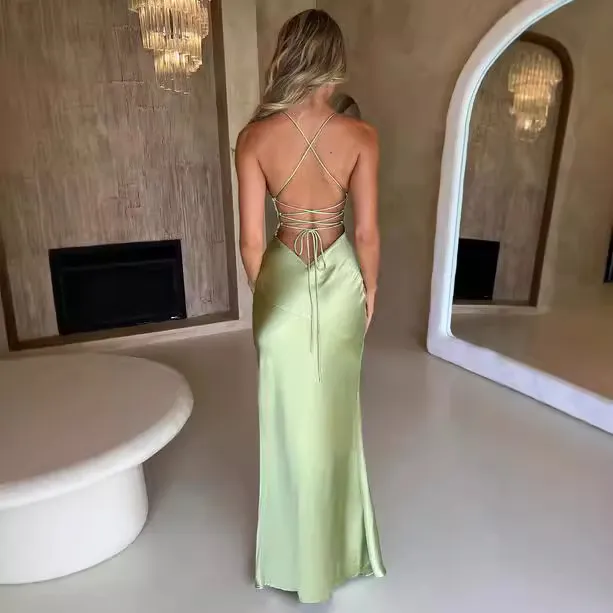 Women Summer Sexy Spaghetti Strap Solid Color Satin Backless Side-Slit Maxi Dress - Image 4