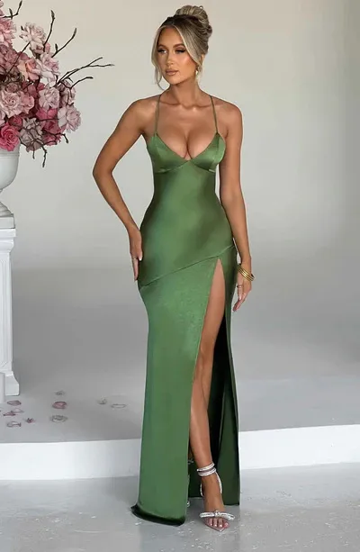 Women Summer Sexy Spaghetti Strap Solid Color Satin Backless Side-Slit Maxi Dress - Image 9
