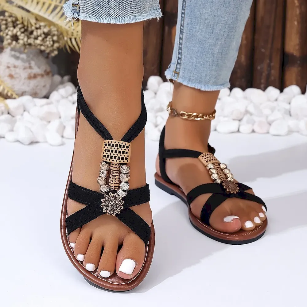 Women Casual Vacation Beaded Peep Toe Flat Sandals