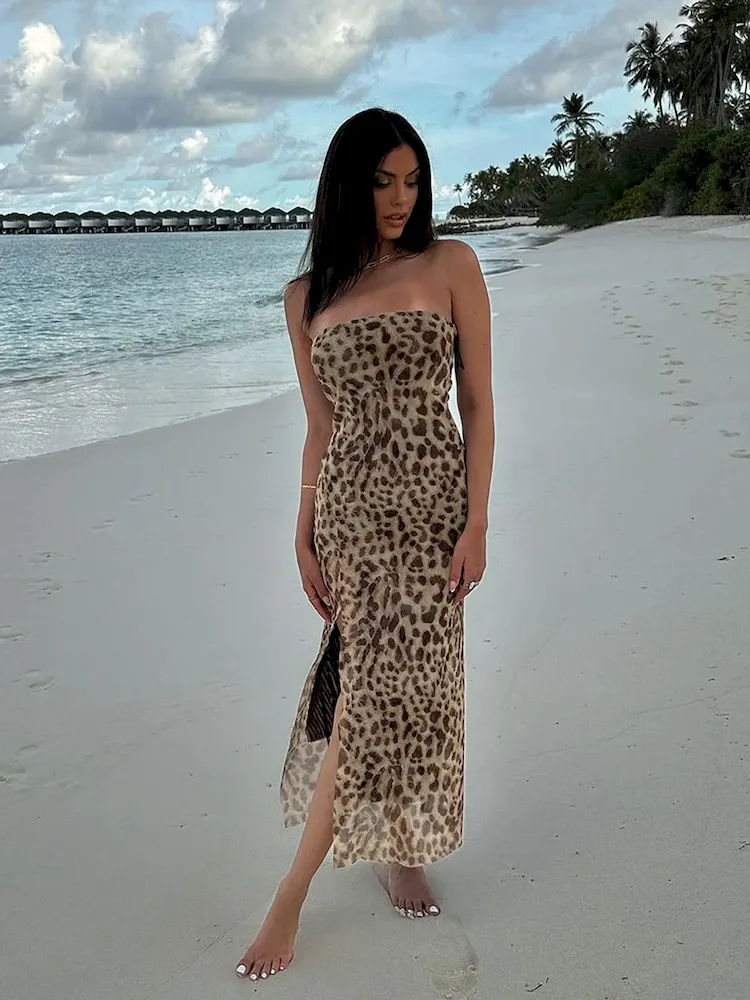 Women Summer Leopard Printed Sexy Strapless Side Slit Tube Dress - Image 4