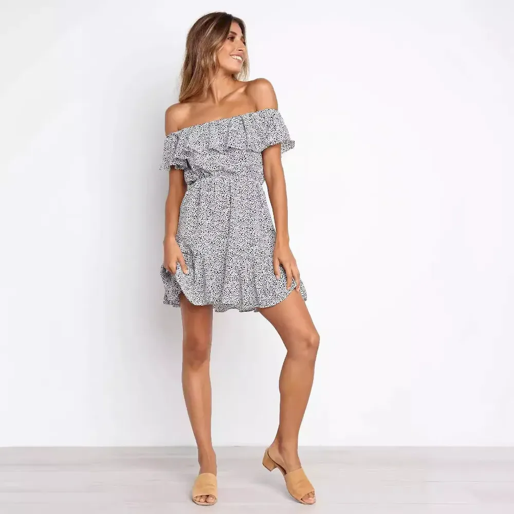 Sexy Women Summer Vacation Off-Shoulder Ruffled Short Sleeve Dress - Image 3