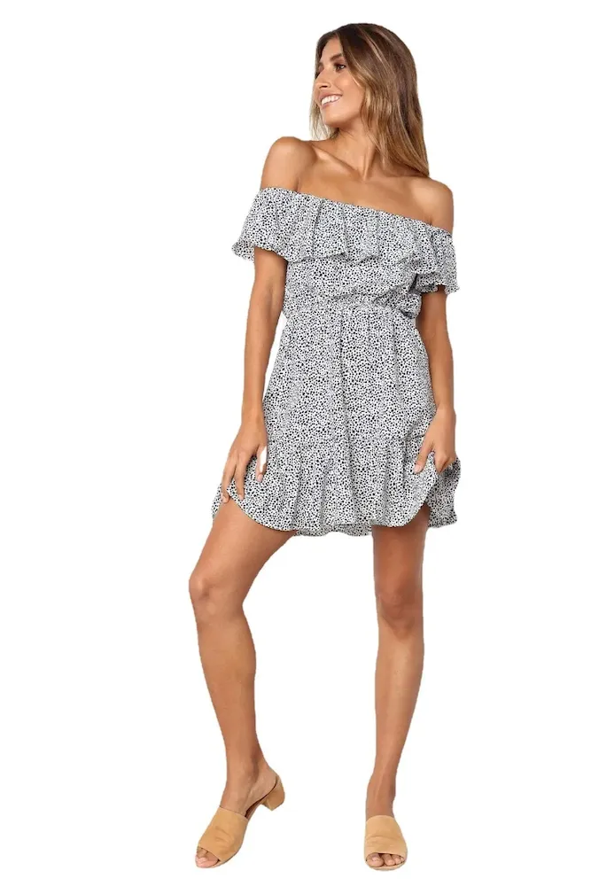 Sexy Women Summer Vacation Off-Shoulder Ruffled Short Sleeve Dress - Image 7