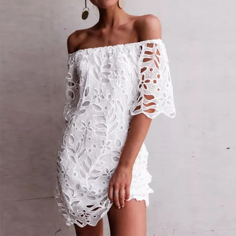 Women Fashion Elegant Solid Color Lace Mid-Sleeve Off Shoulder Dress - Image 3
