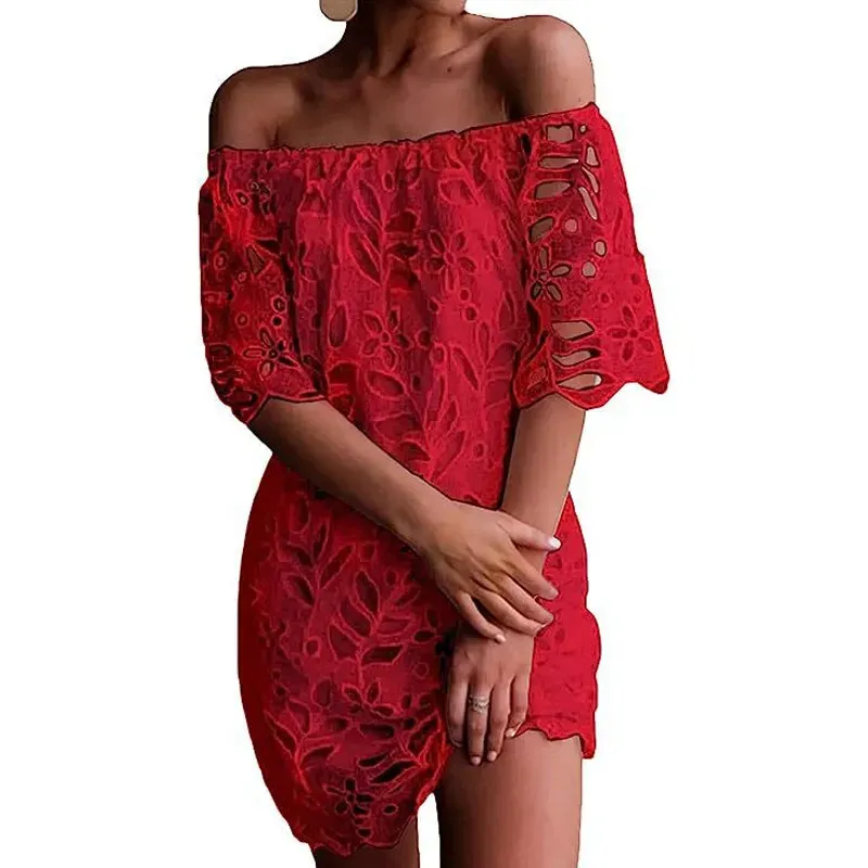 Women Fashion Elegant Solid Color Lace Mid-Sleeve Off Shoulder Dress - Image 8