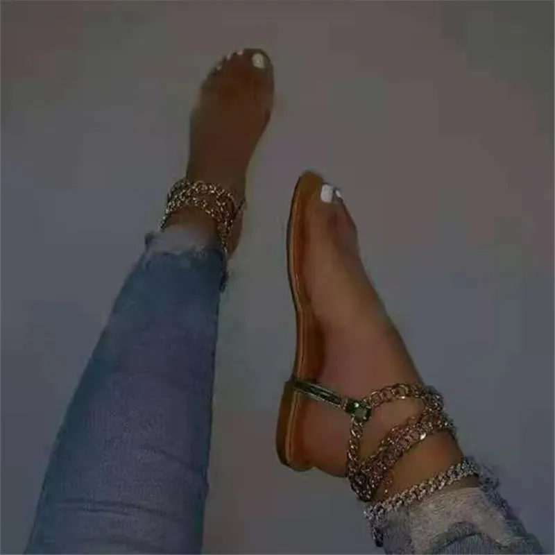 Women Fashion Casual Transparent Round Toe Flat Metal Chain Sandals