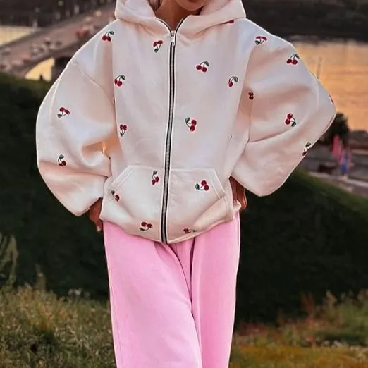 Cherry Printed Women Street Fashion Loose Sports Zipper Hoodie